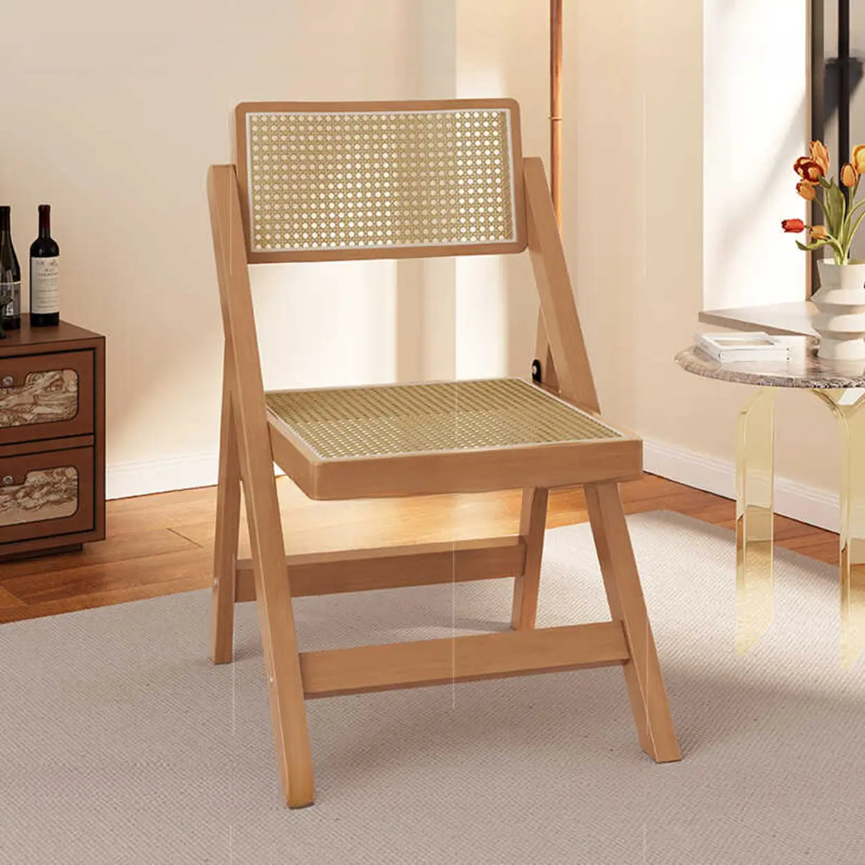 Rectangular Foldable Wood Woven Plaid Dining Chair Image - 1