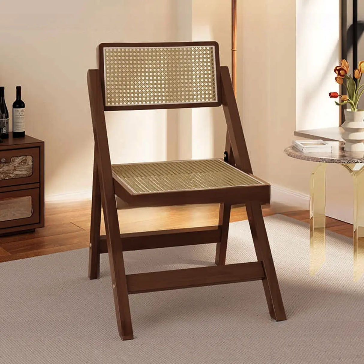 Rectangular Foldable Wood Woven Plaid Dining Chair Image - 2