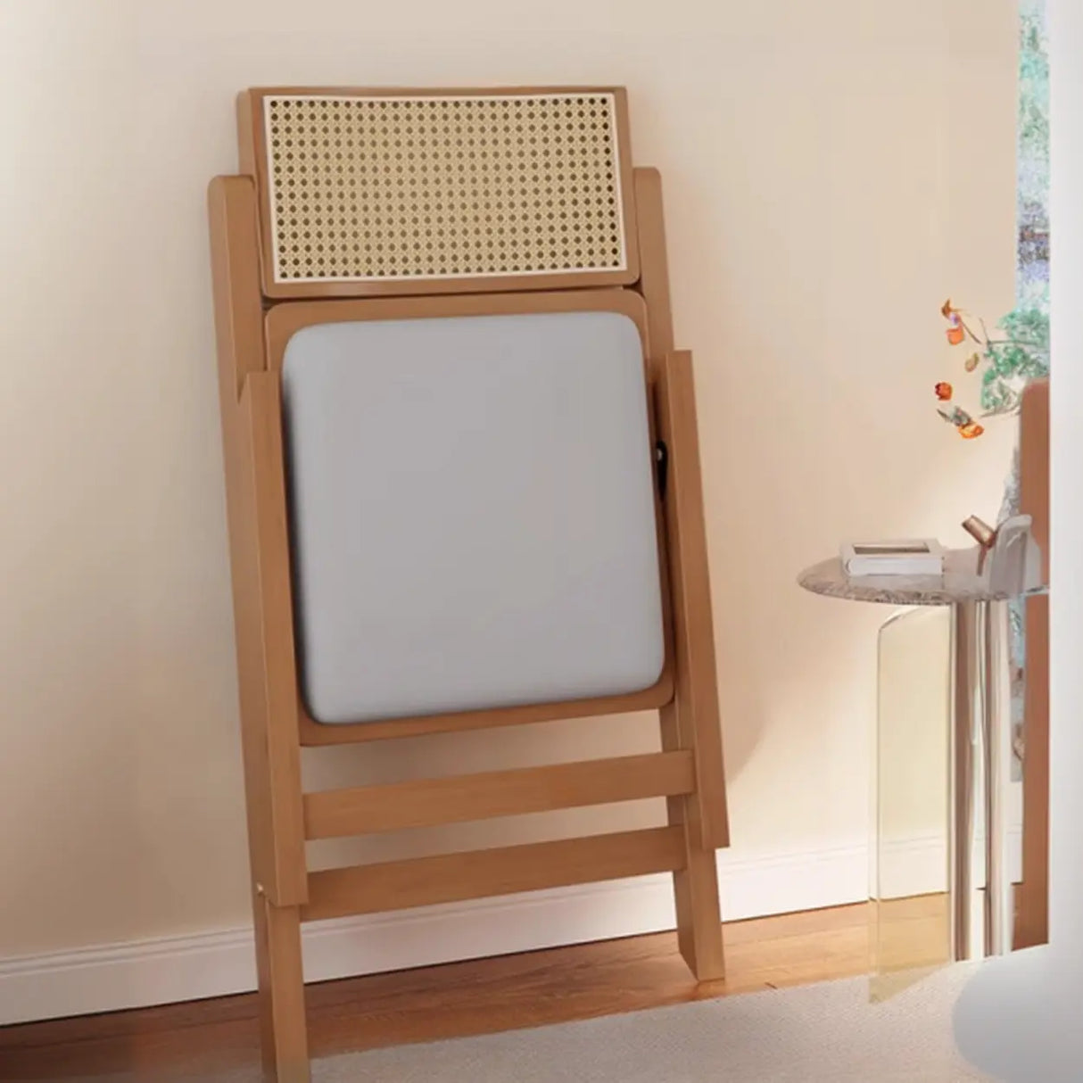 Rectangular Foldable Wood Woven Plaid Dining Chair Image - 3