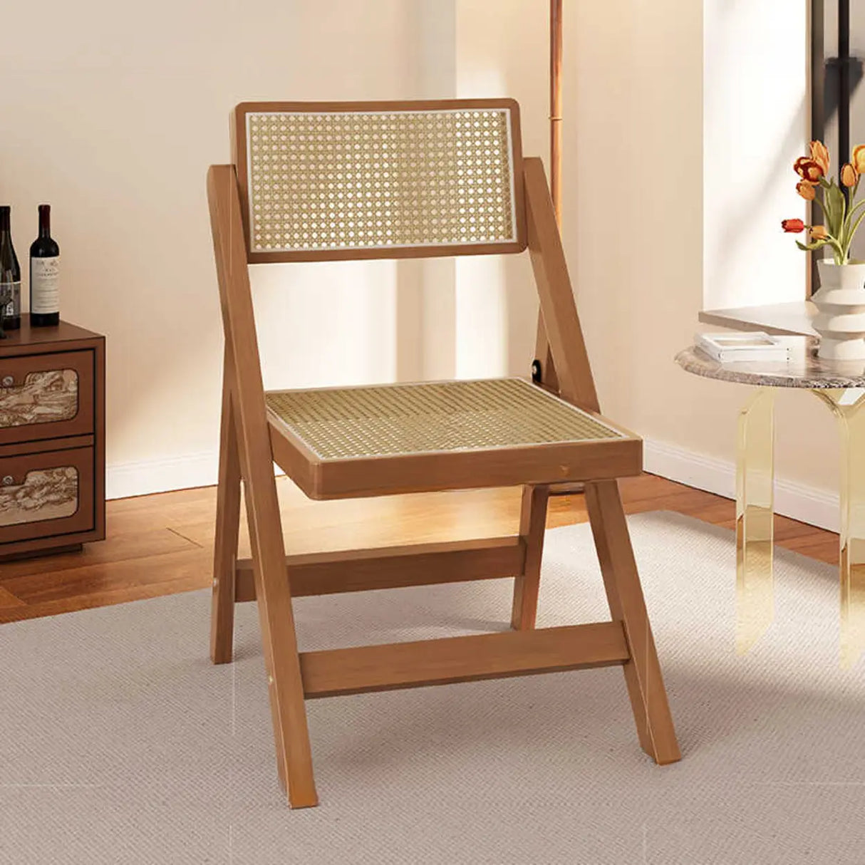 Rectangular Foldable Wood Woven Plaid Dining Chair Image - 4