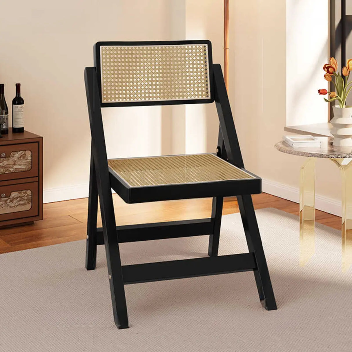 Rectangular Foldable Wood Woven Plaid Dining Chair Image - 5