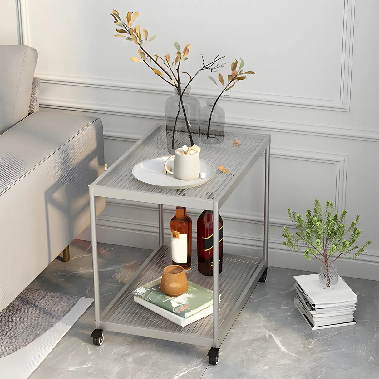 Rectangular Glass Gold Casters Side Table with Shelf Image - 43