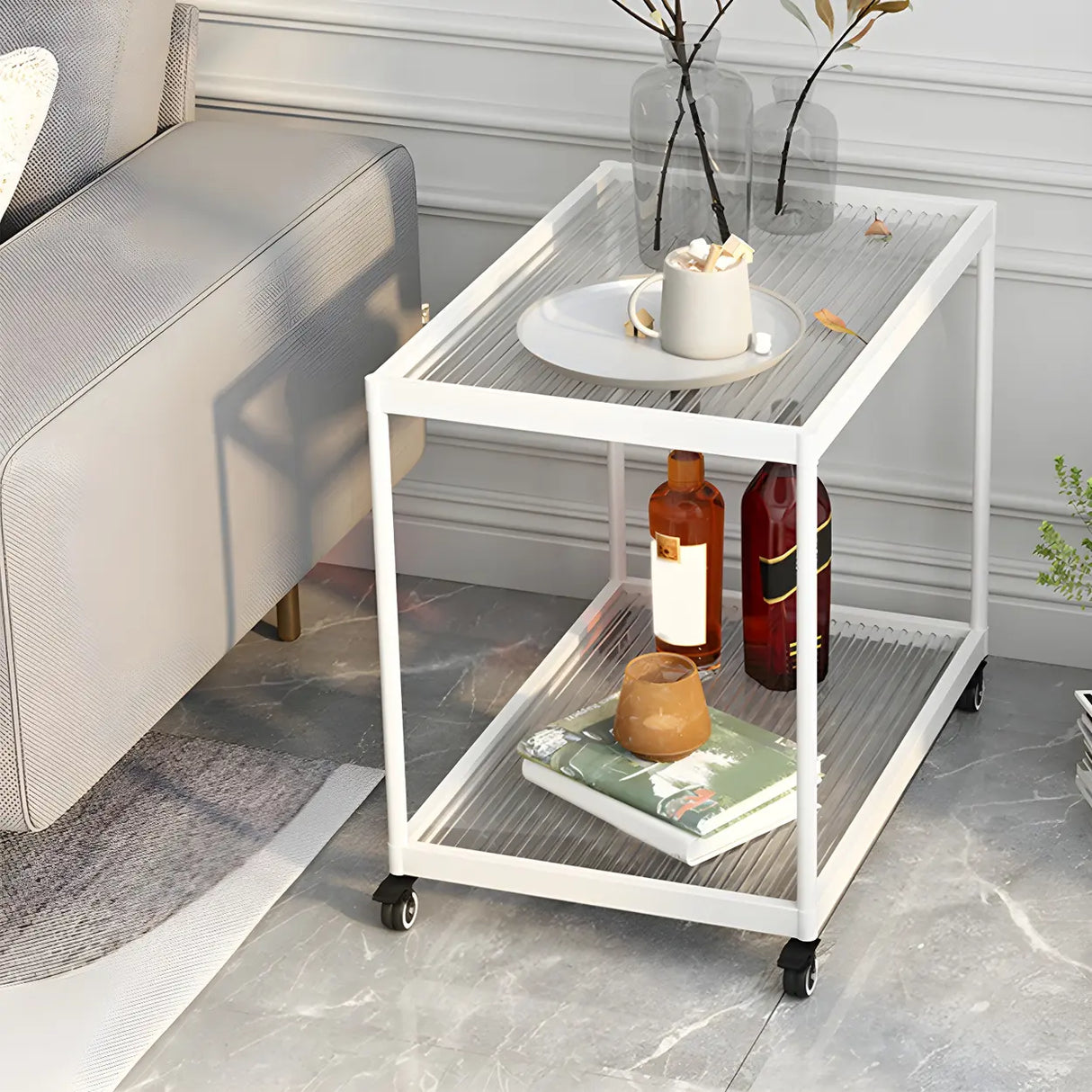 Rectangular Glass Gold Casters Side Table with Shelf Image - 44