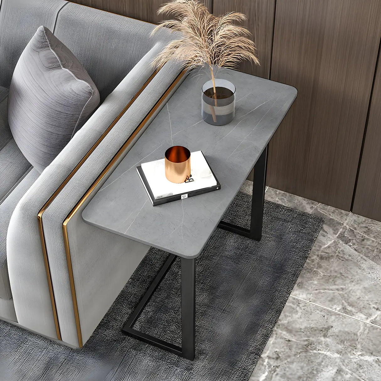 Rectangular Marble Gold Multi-Use C-Sahped Side Table Image - 3