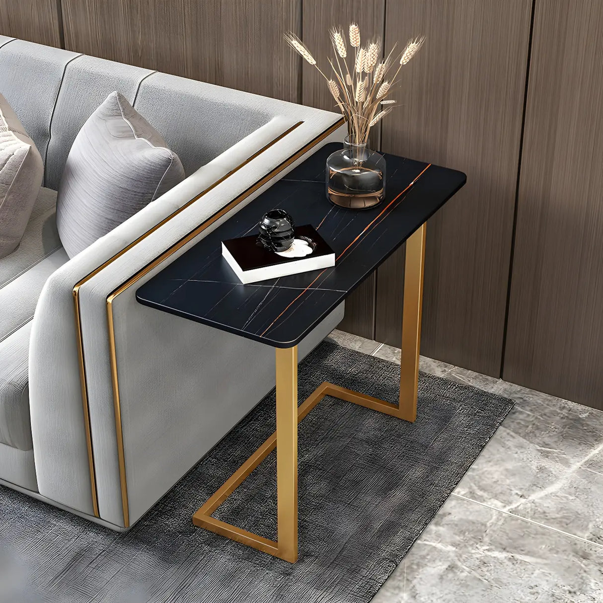 Rectangular Marble Gold Multi-Use C-Sahped Side Table Image - 7