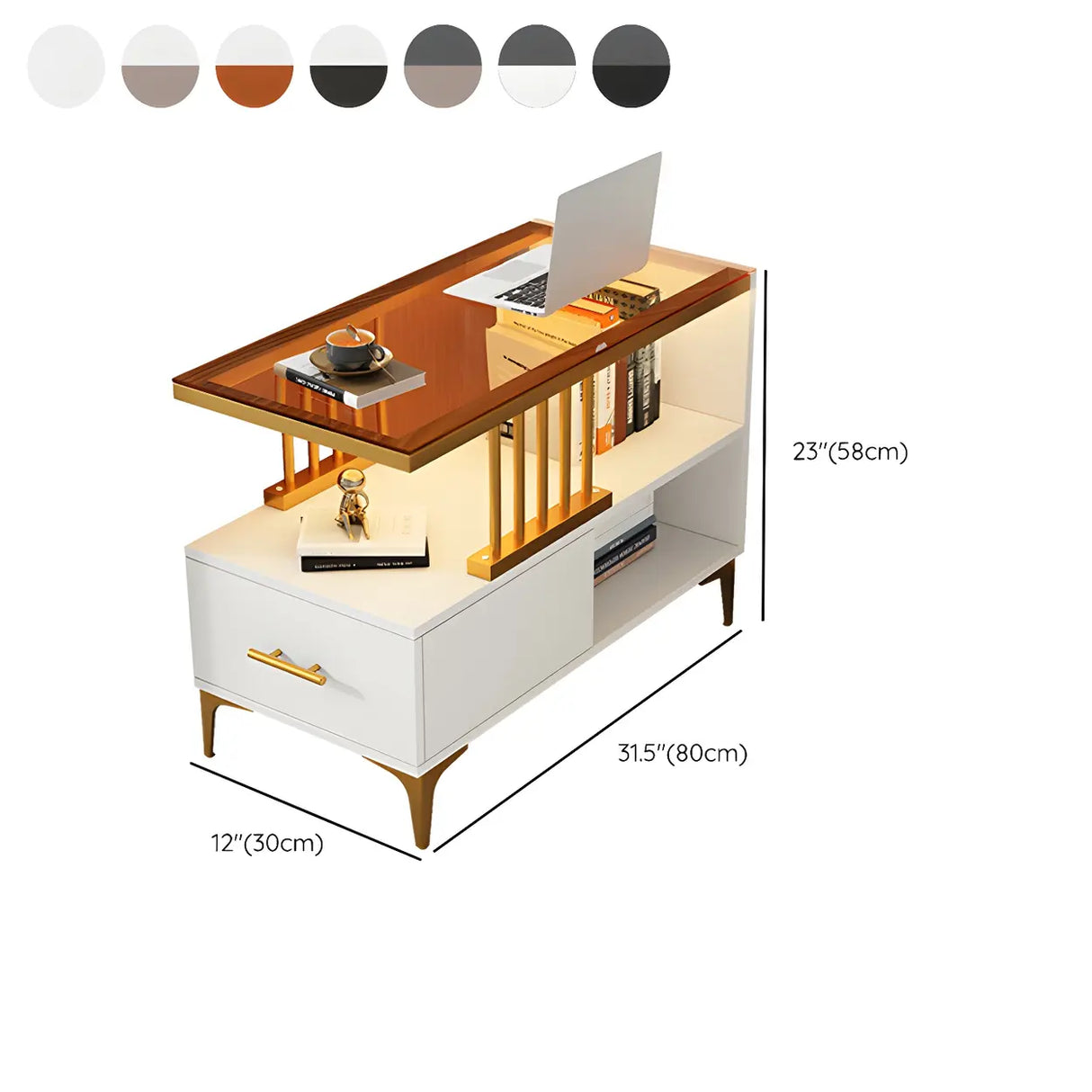 Rectangular Gold-White Glass Drawers Side Table with Storage