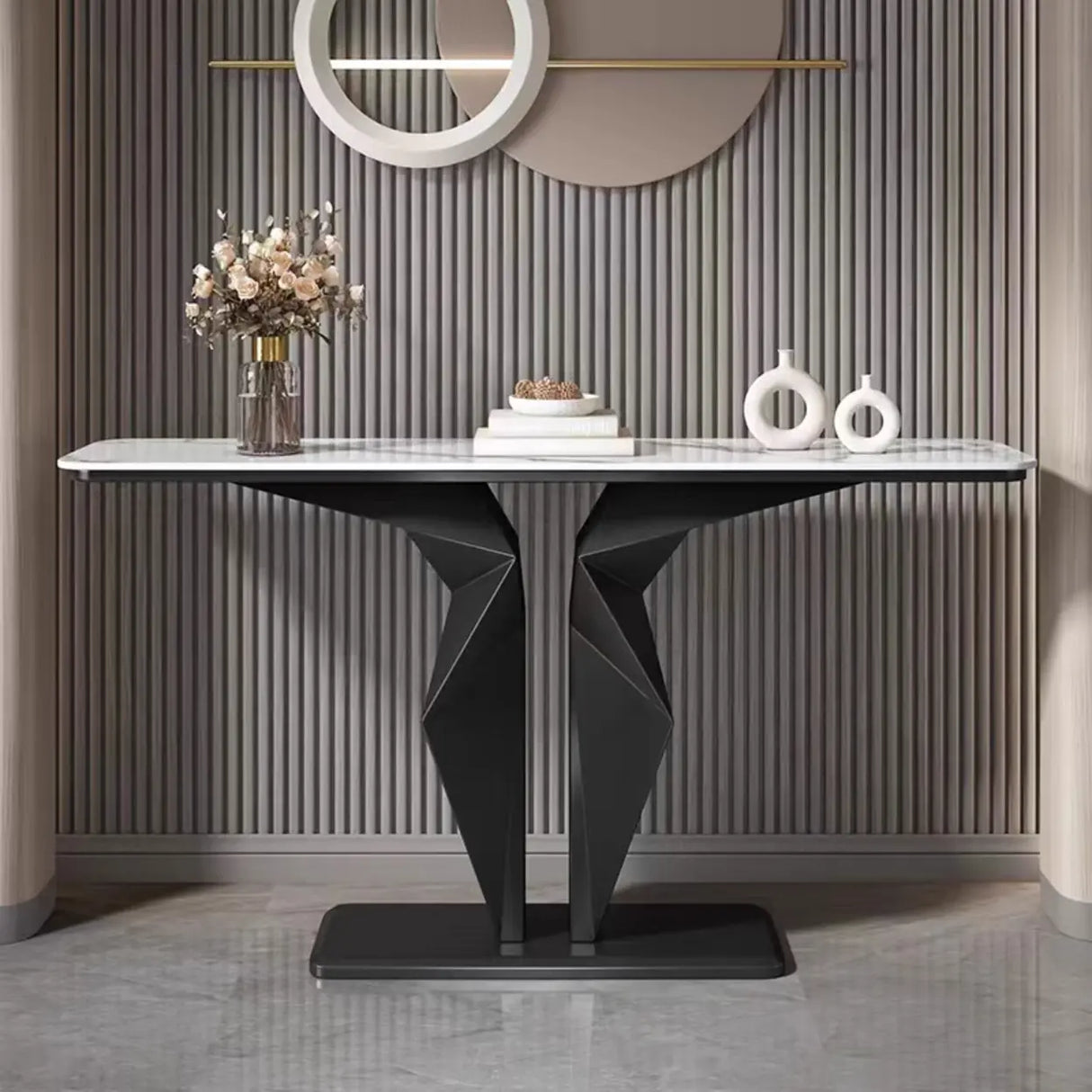 Rectangular Marble Black Abstract Display Console Table Image - 1