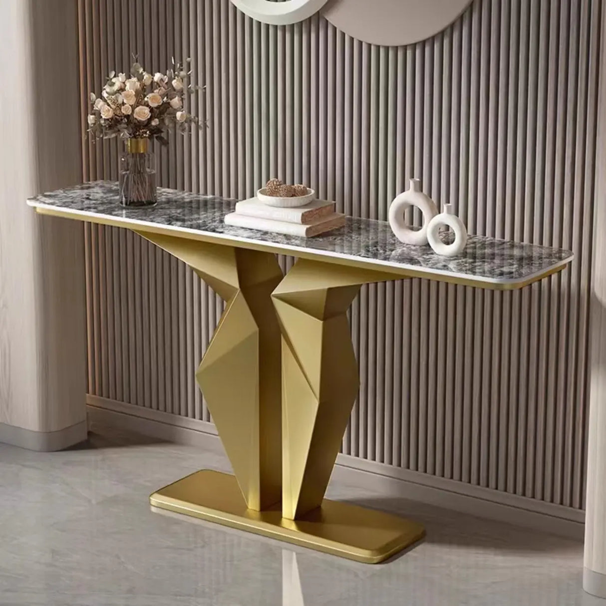 Rectangular Marble Black Abstract Display Console Table Image - 3