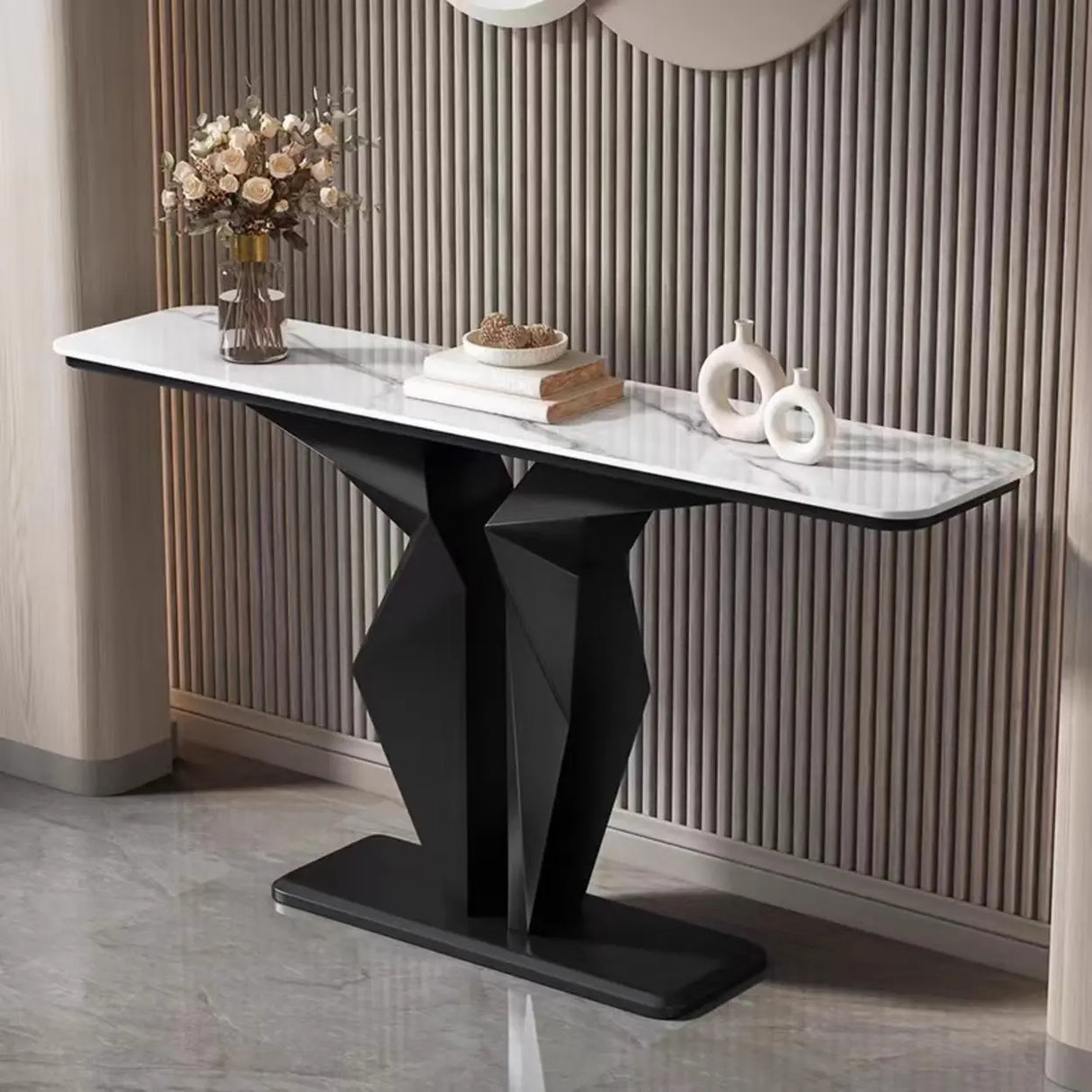 Rectangular Marble Black Abstract Display Console Table Image - 4