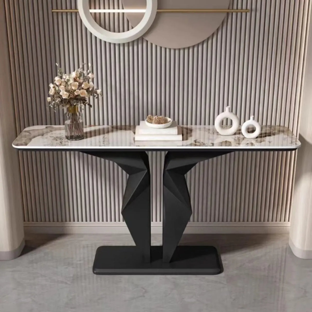 Rectangular Marble Black Abstract Display Console Table Image - 6