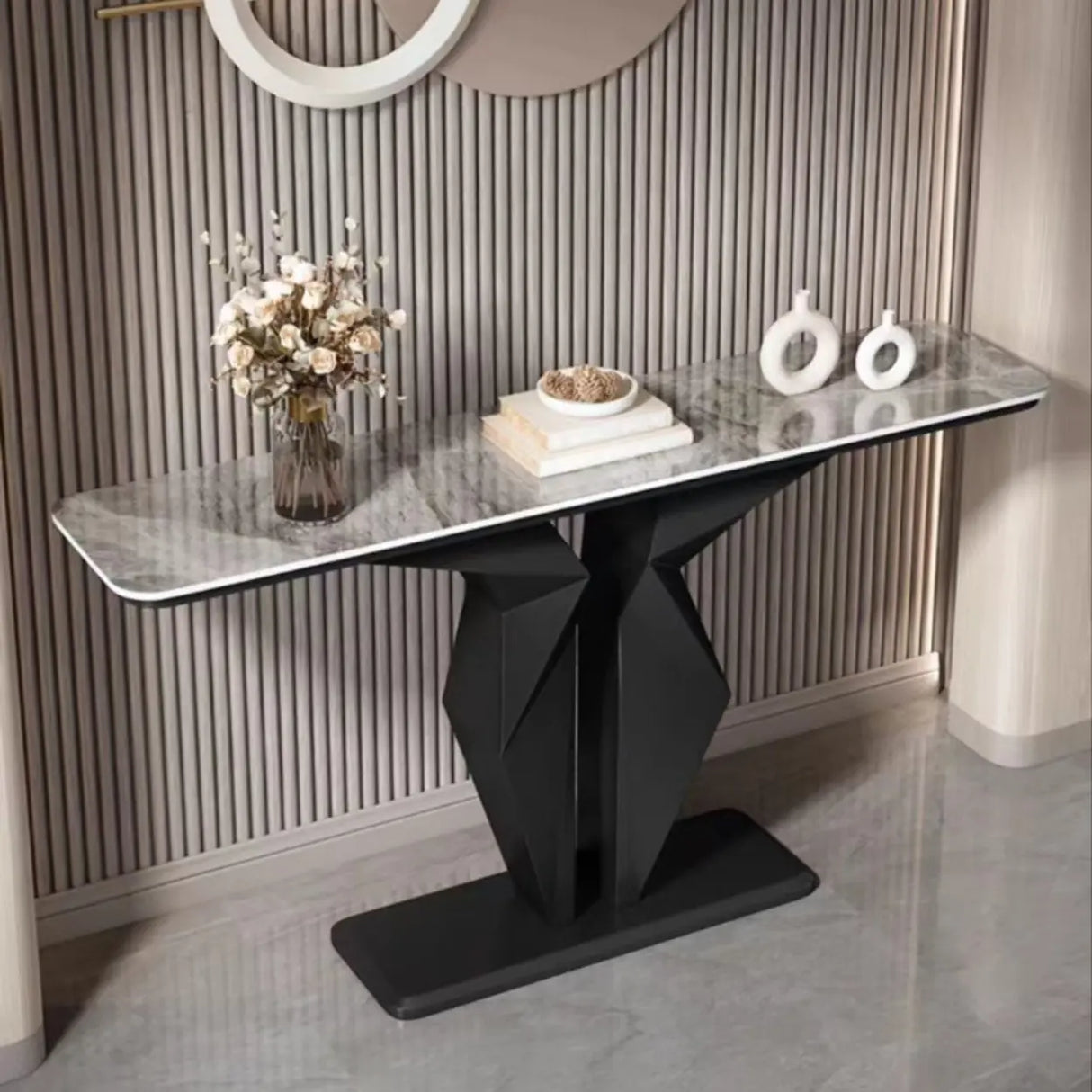 Rectangular Marble Black Abstract Display Console Table Image - 7