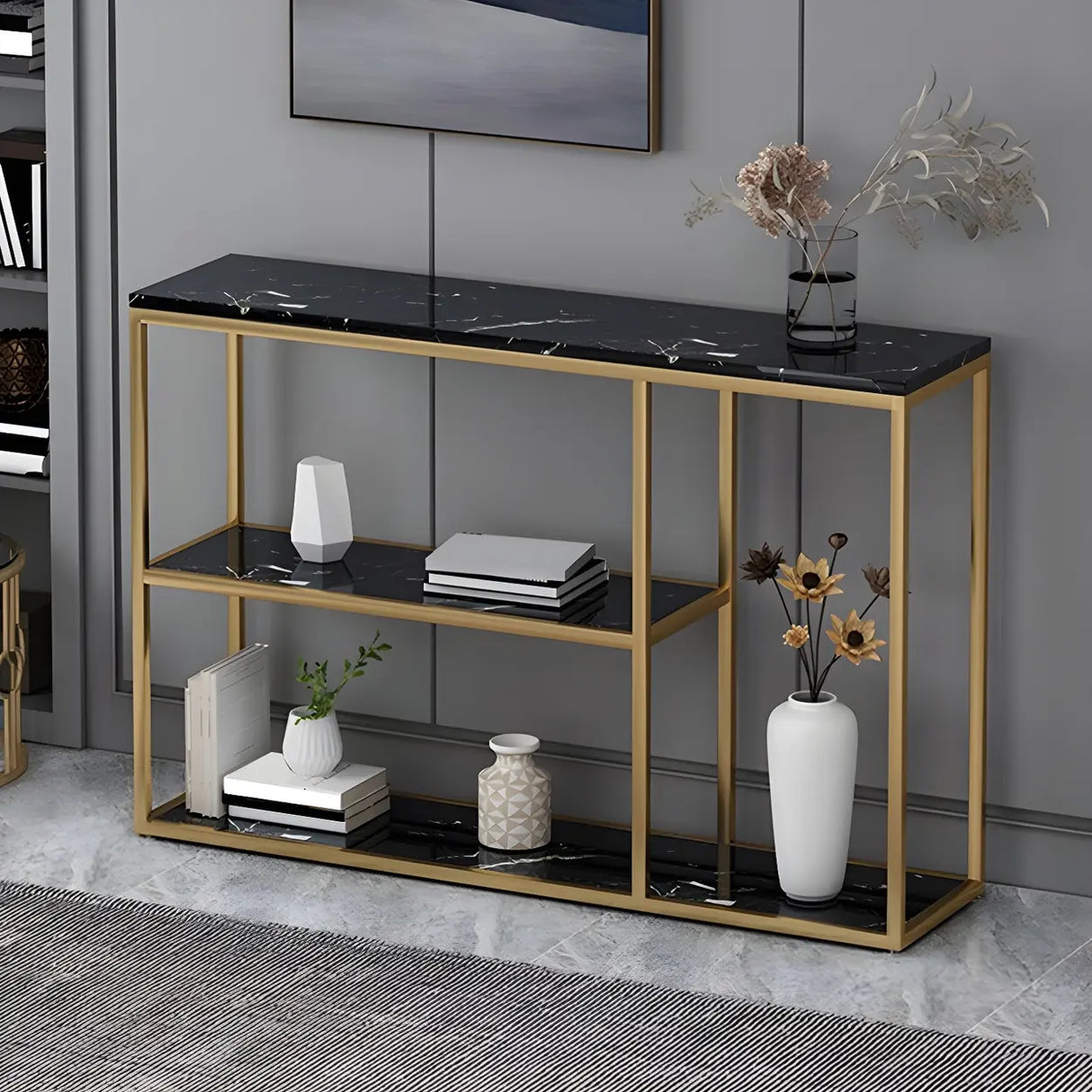Rectangular Marble Gold Slim Console Table with Shelves Image - 10