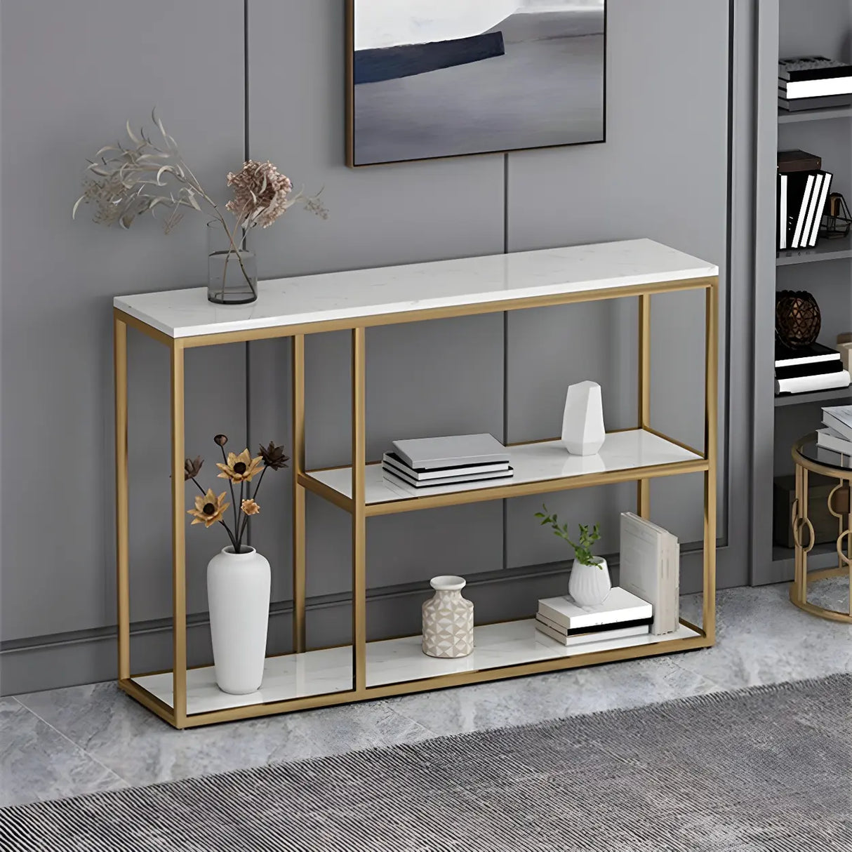 Rectangular Marble Gold Slim Console Table with Shelves Image - 1
