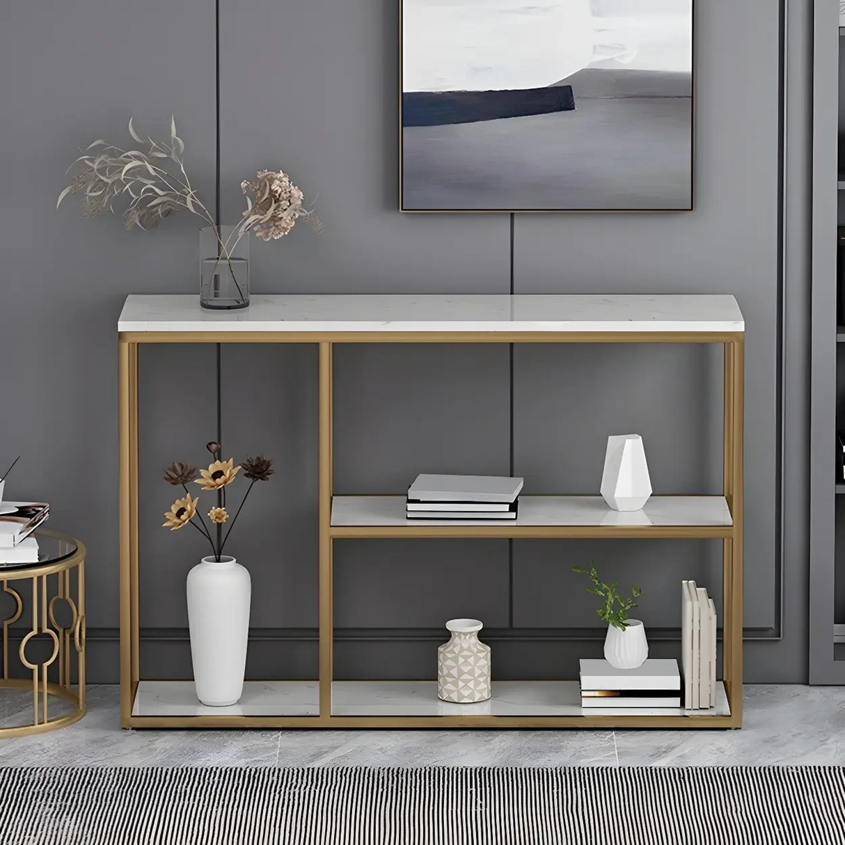 Rectangular Marble Gold Slim Console Table with Shelves Image - 2