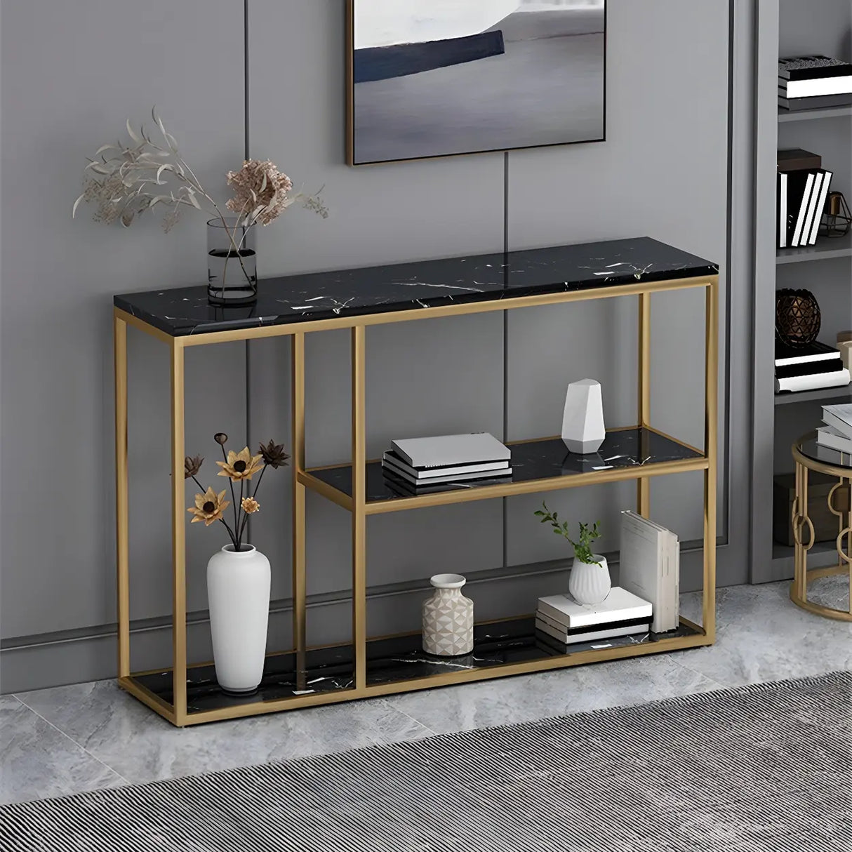 Rectangular Marble Gold Slim Console Table with Shelves Image - 3