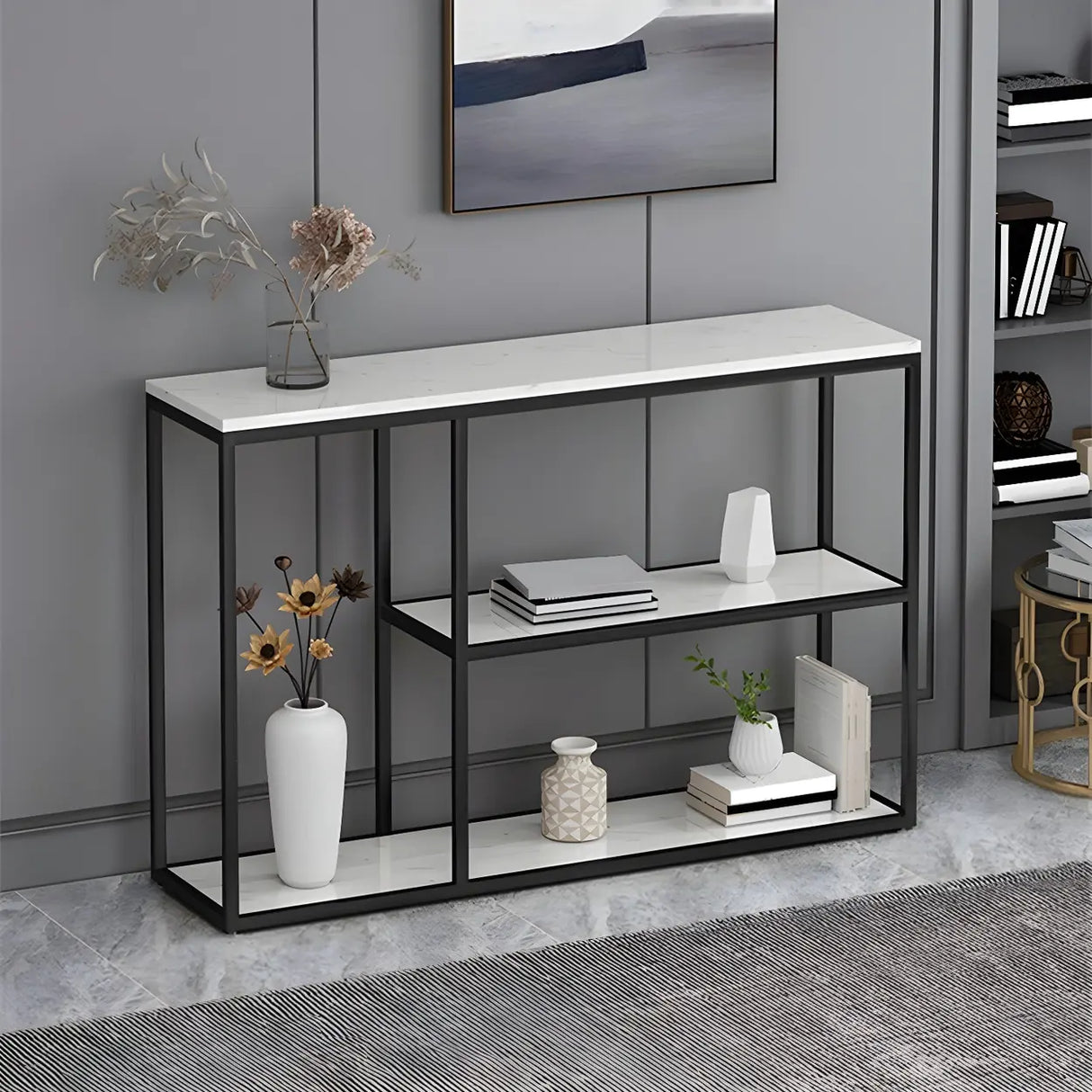 Rectangular Marble Gold Slim Console Table with Shelves Image - 4