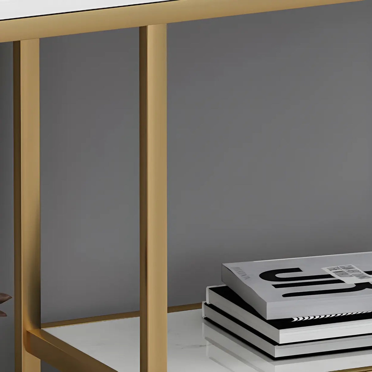Rectangular Marble Gold Slim Console Table with Shelves Image - 7