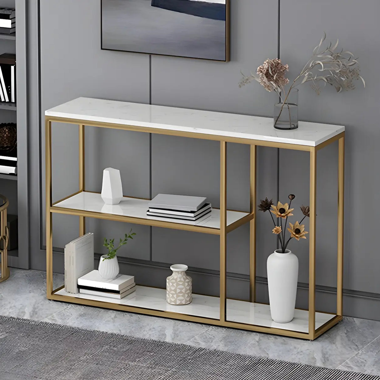 Rectangular Marble Gold Slim Console Table with Shelves Image - 9