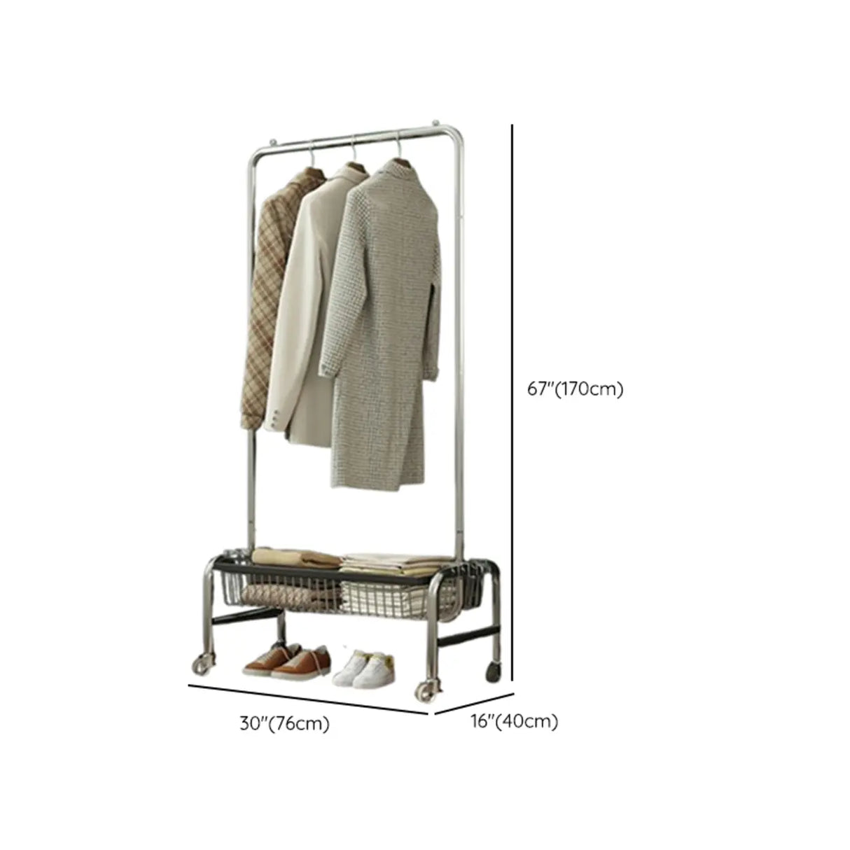 Rectangular Metal Silver Large Storage Coat Rack with Basket