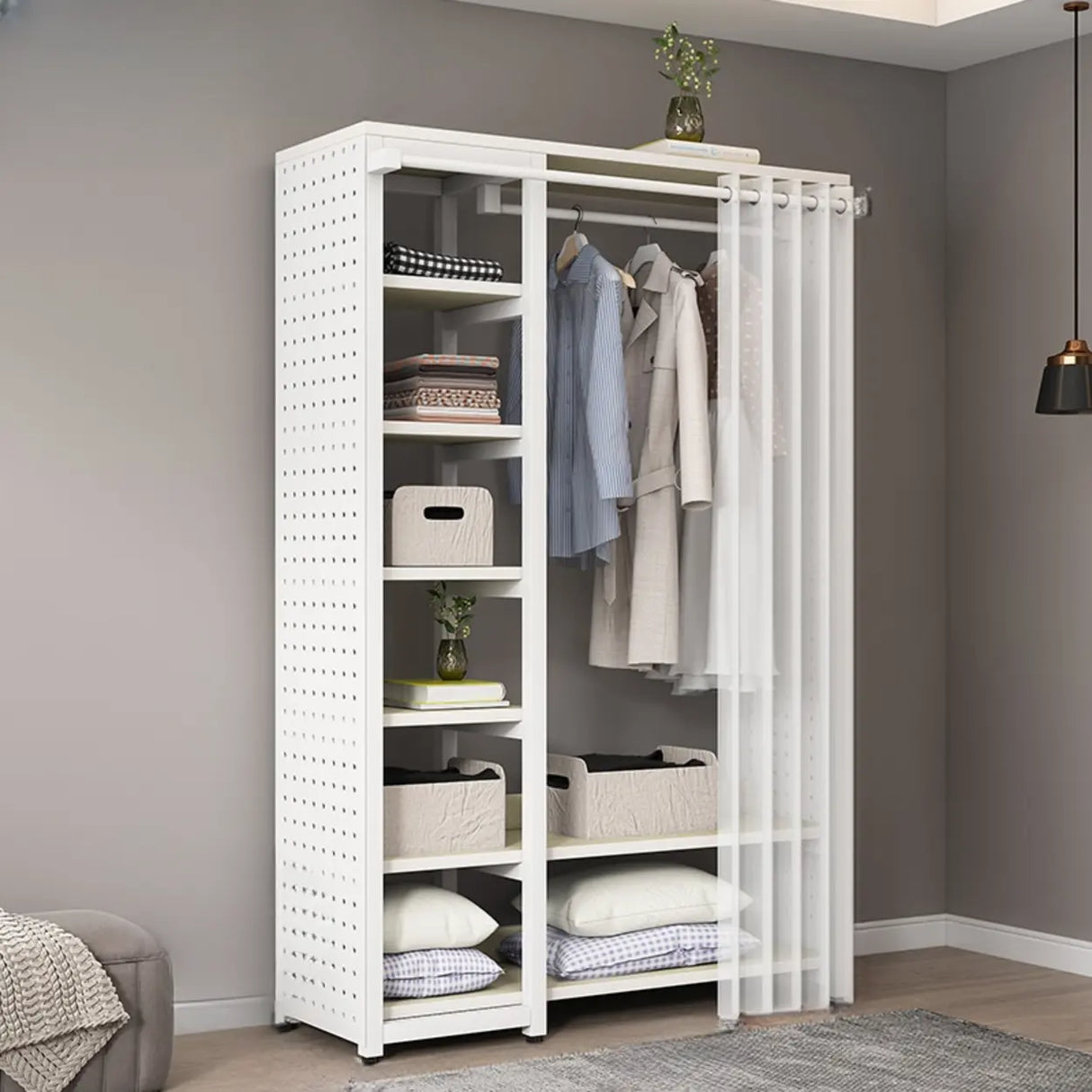 Rectangular Metal White Storage Stand Shelves Coat Rack Image - 1