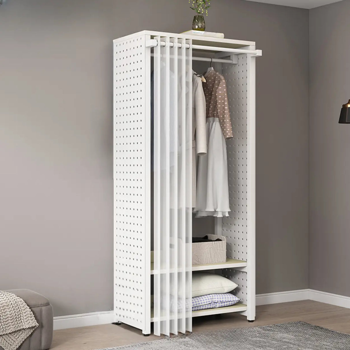 Rectangular Metal White Storage Stand Shelves Coat Rack Image - 2