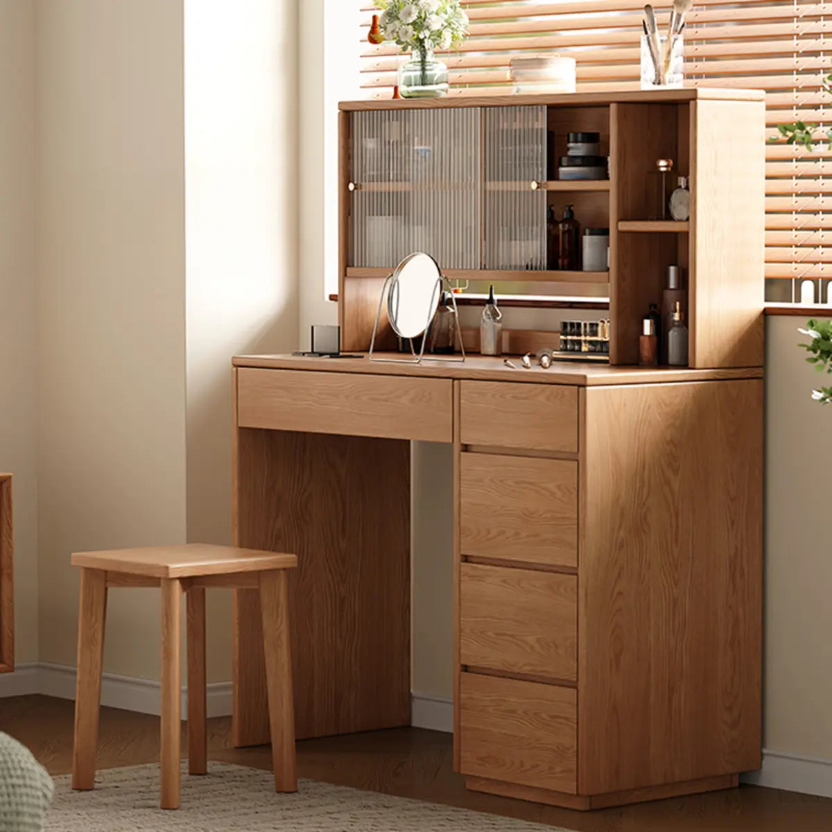 Rectangular Oak Bedroom Makeup Vanity Nut-Brown with Drawers Image - 1