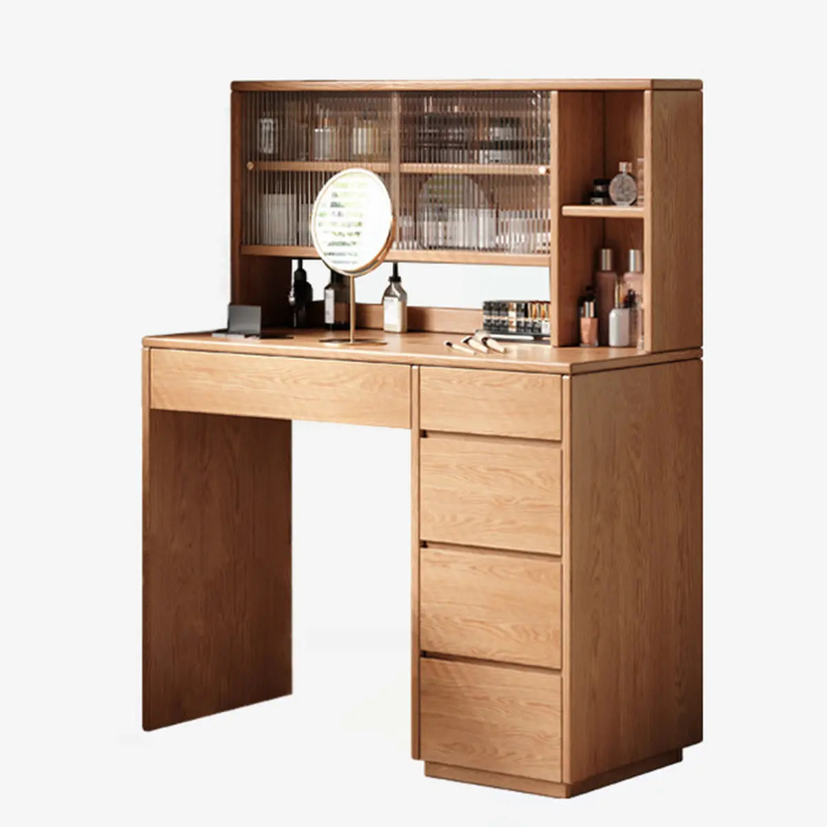 Rectangular Oak Bedroom Makeup Vanity Nut-Brown with Drawers Image - 3