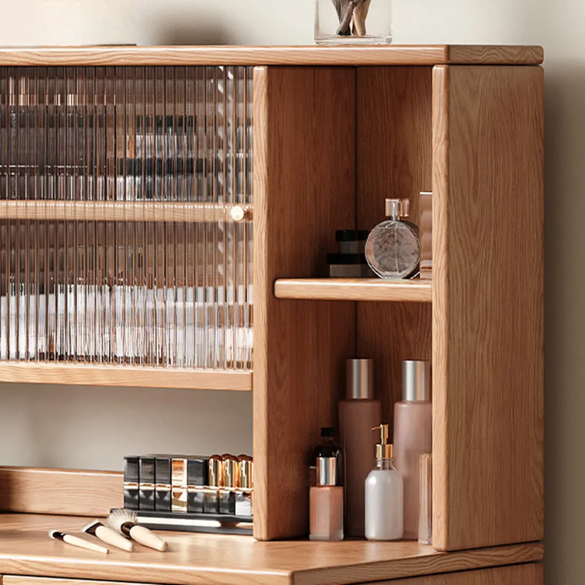 Rectangular Oak Bedroom Makeup Vanity Nut-Brown with Drawers Image - 4