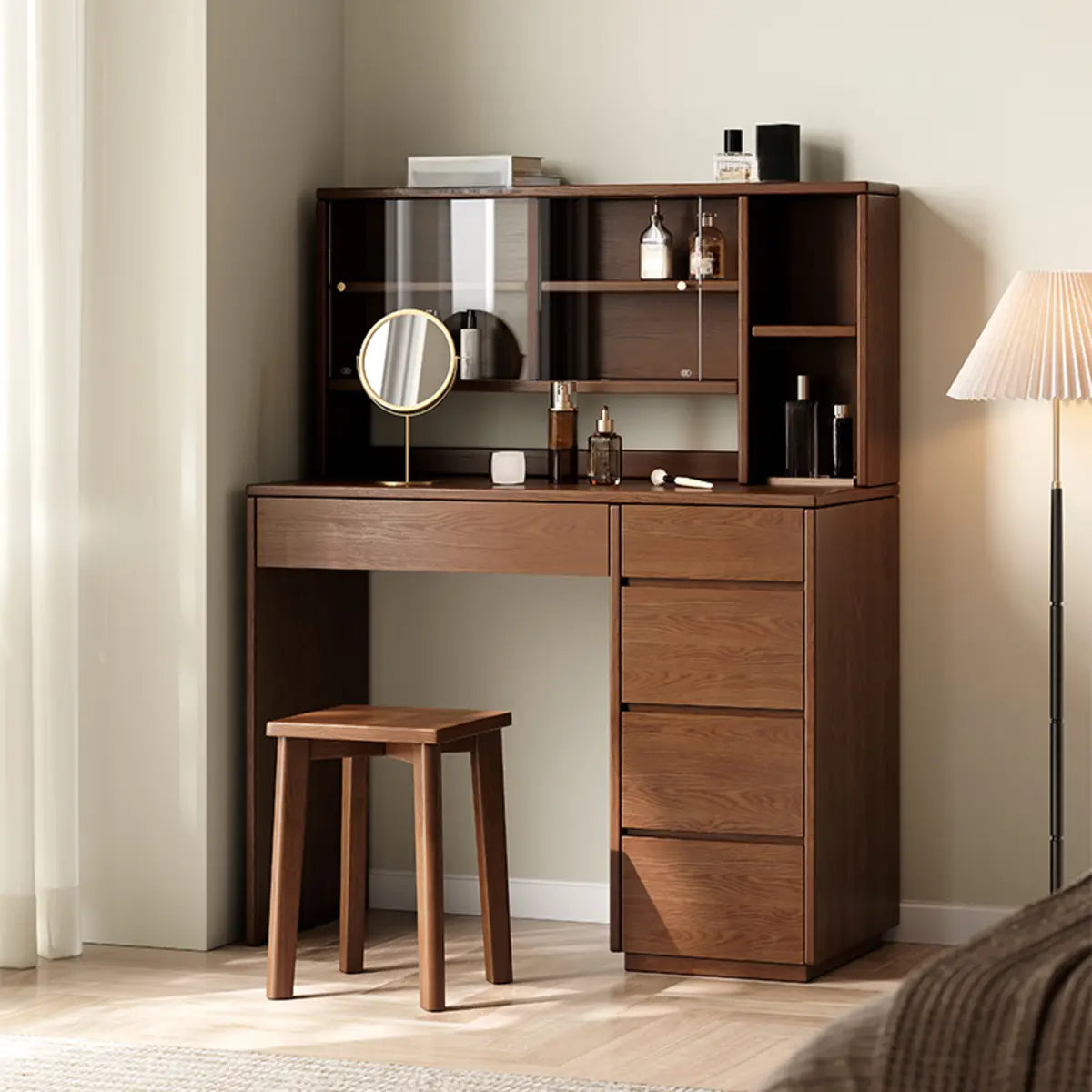 Rectangular Oak Bedroom Makeup Vanity Nut-Brown with Drawers Image - 5