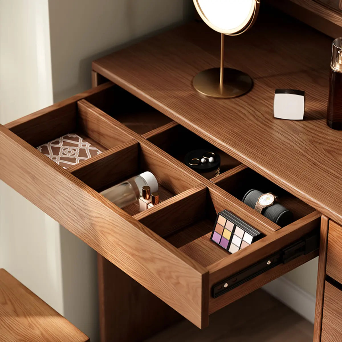 Rectangular Oak Bedroom Makeup Vanity Nut-Brown with Drawers Image - 9