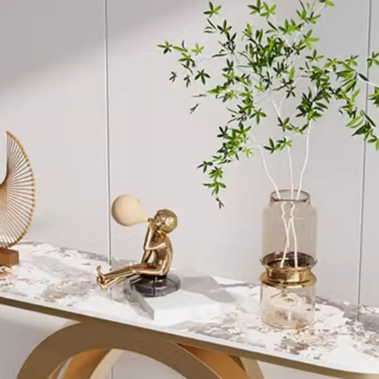 Rectangular Pedestal Stone Gold Base Storage Console Table Image - 10