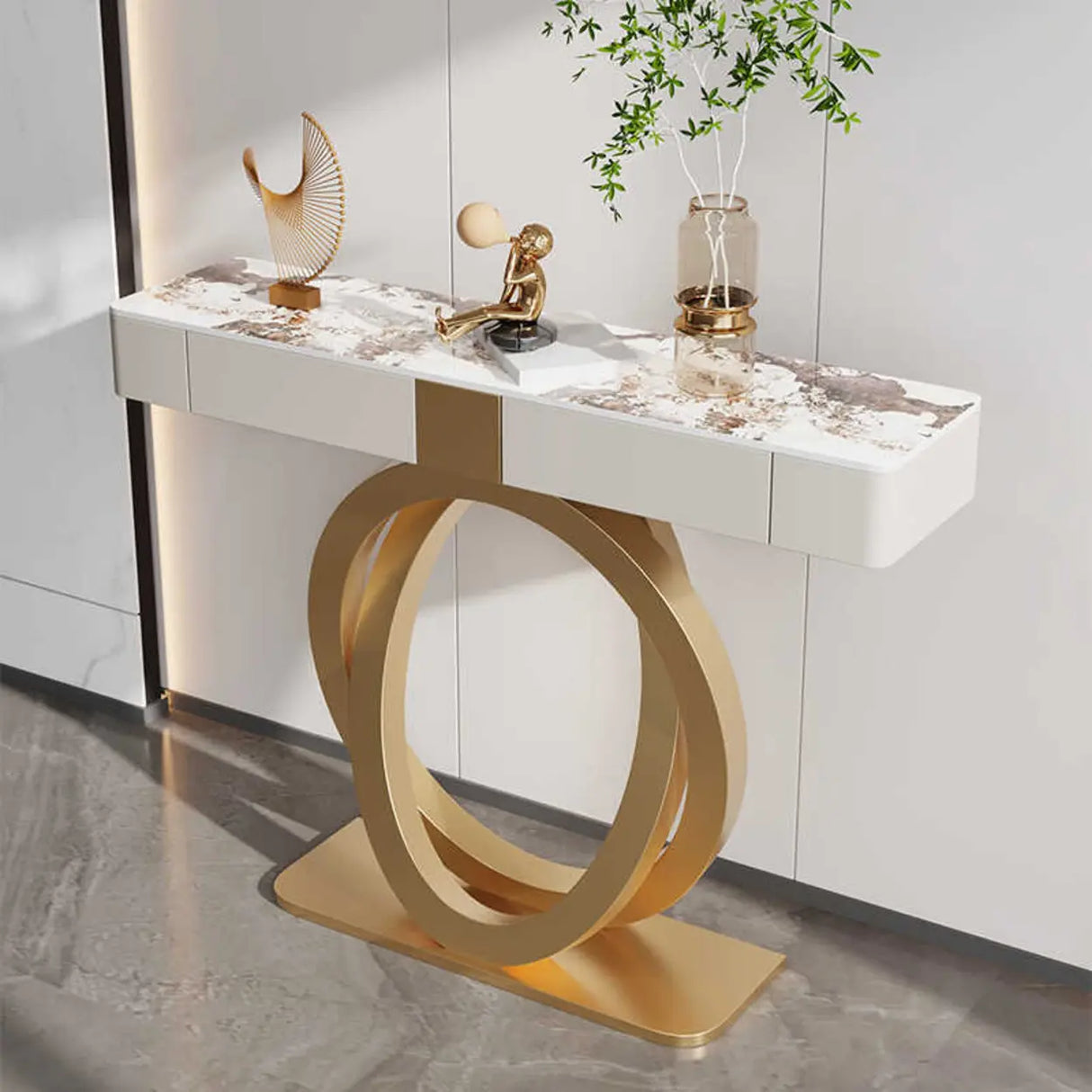 Rectangular Pedestal Stone Gold Base Storage Console Table Image - 1