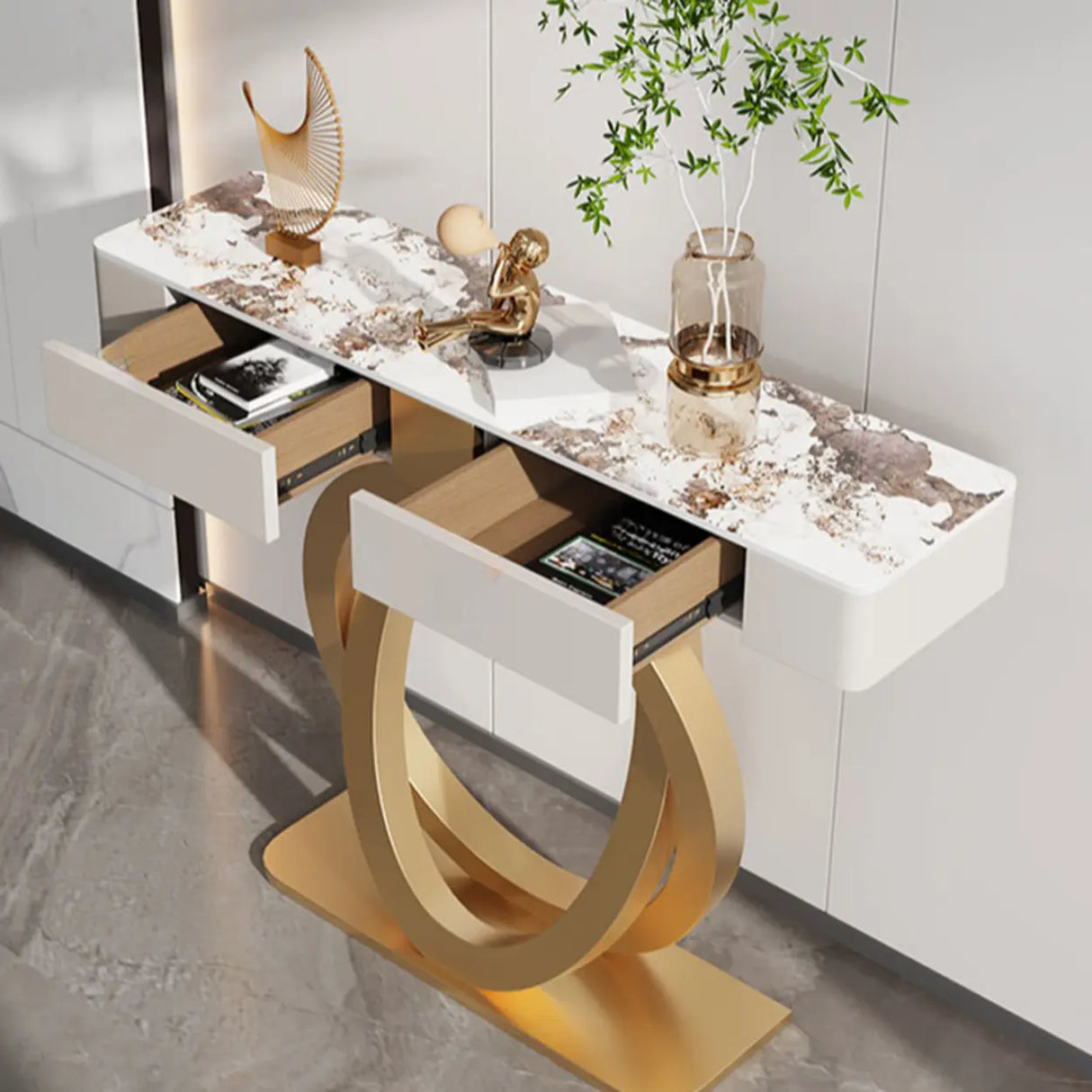 Rectangular Pedestal Stone Gold Base Storage Console Table Image - 4