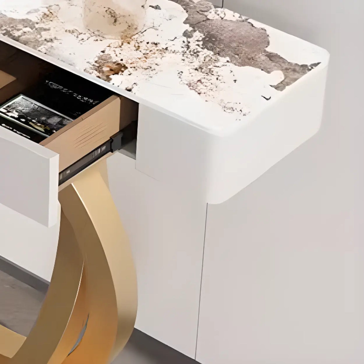 Rectangular Pedestal Stone Gold Base Storage Console Table Image - 8