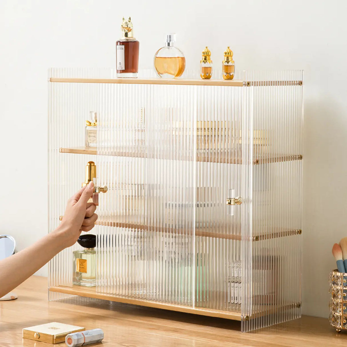 Rectangular Ribbed Glass Wood Small Display Cabinet Image - 1