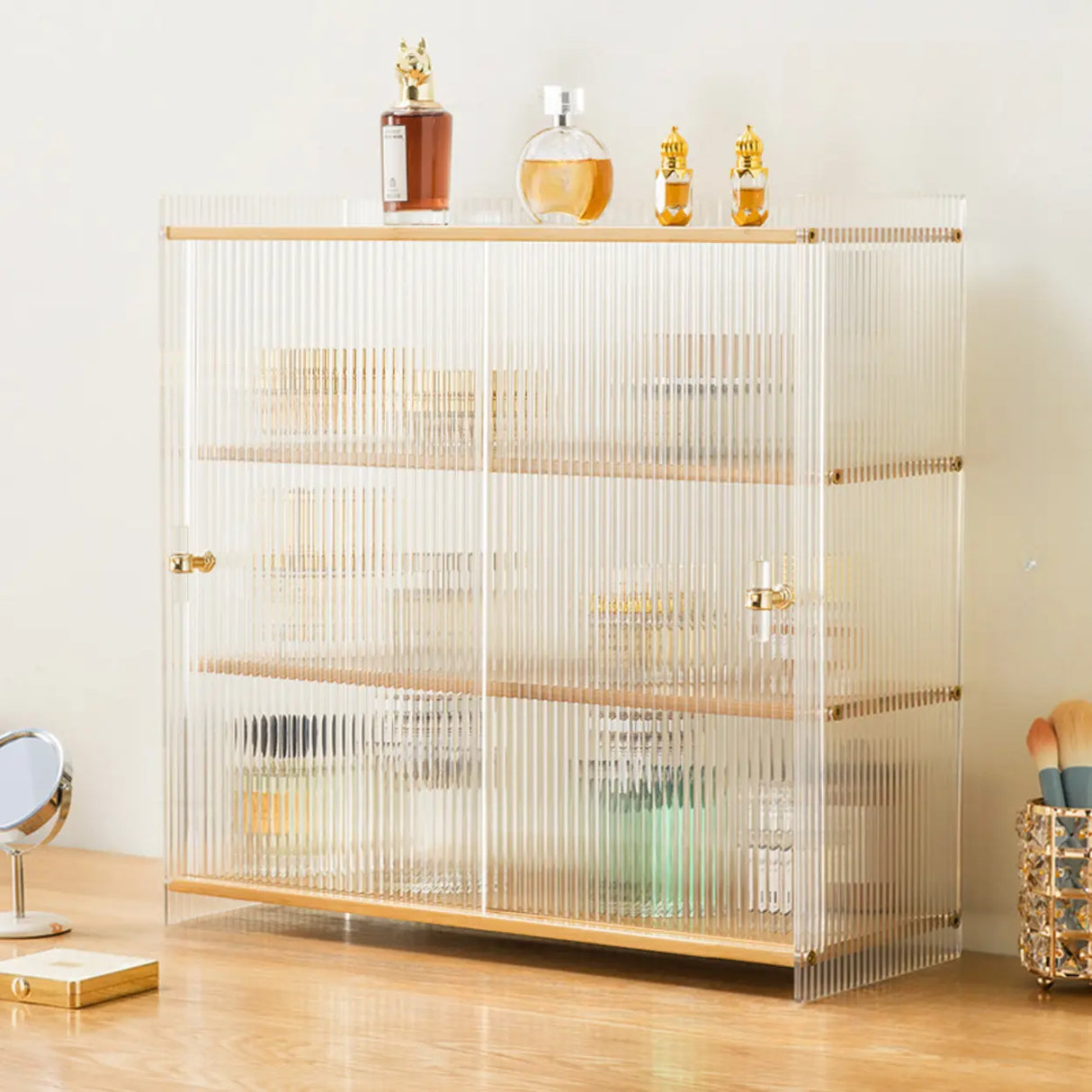 Rectangular Ribbed Glass Wood Small Display Cabinet Image - 8