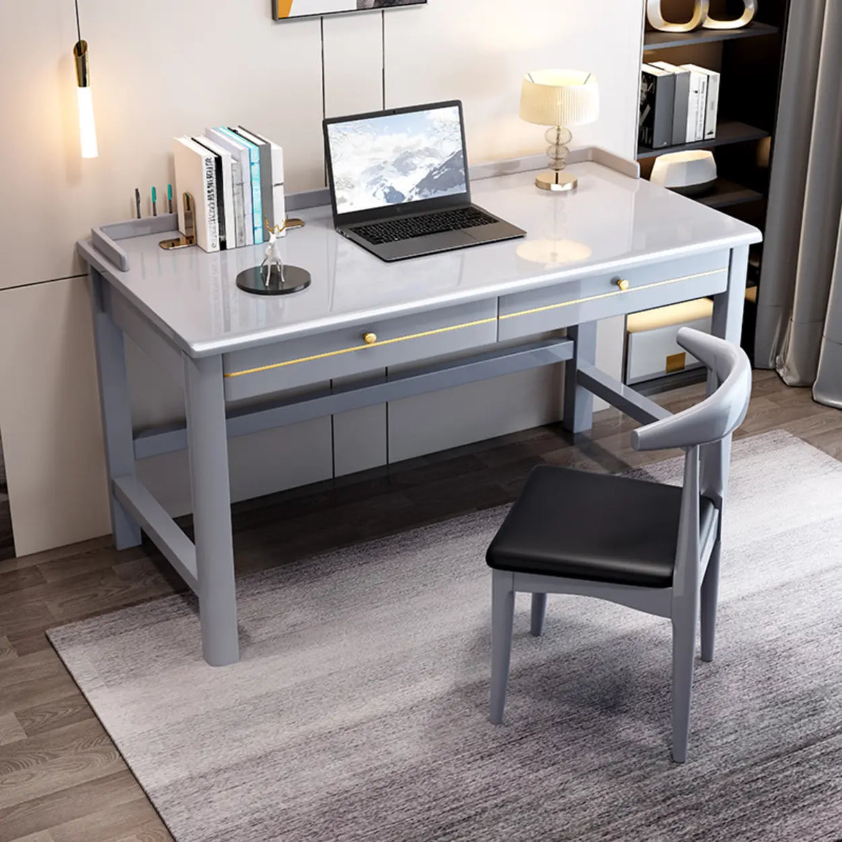 Rectangular Rubberwood Drawers H-Shape Computer Desk Image - 3