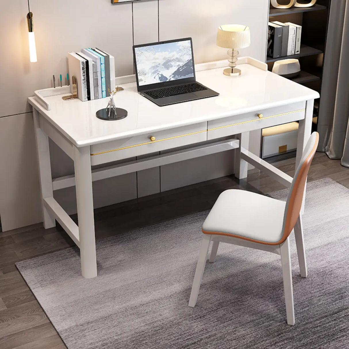 Rectangular Rubberwood Drawers H-Shape Computer Desk Image - 4