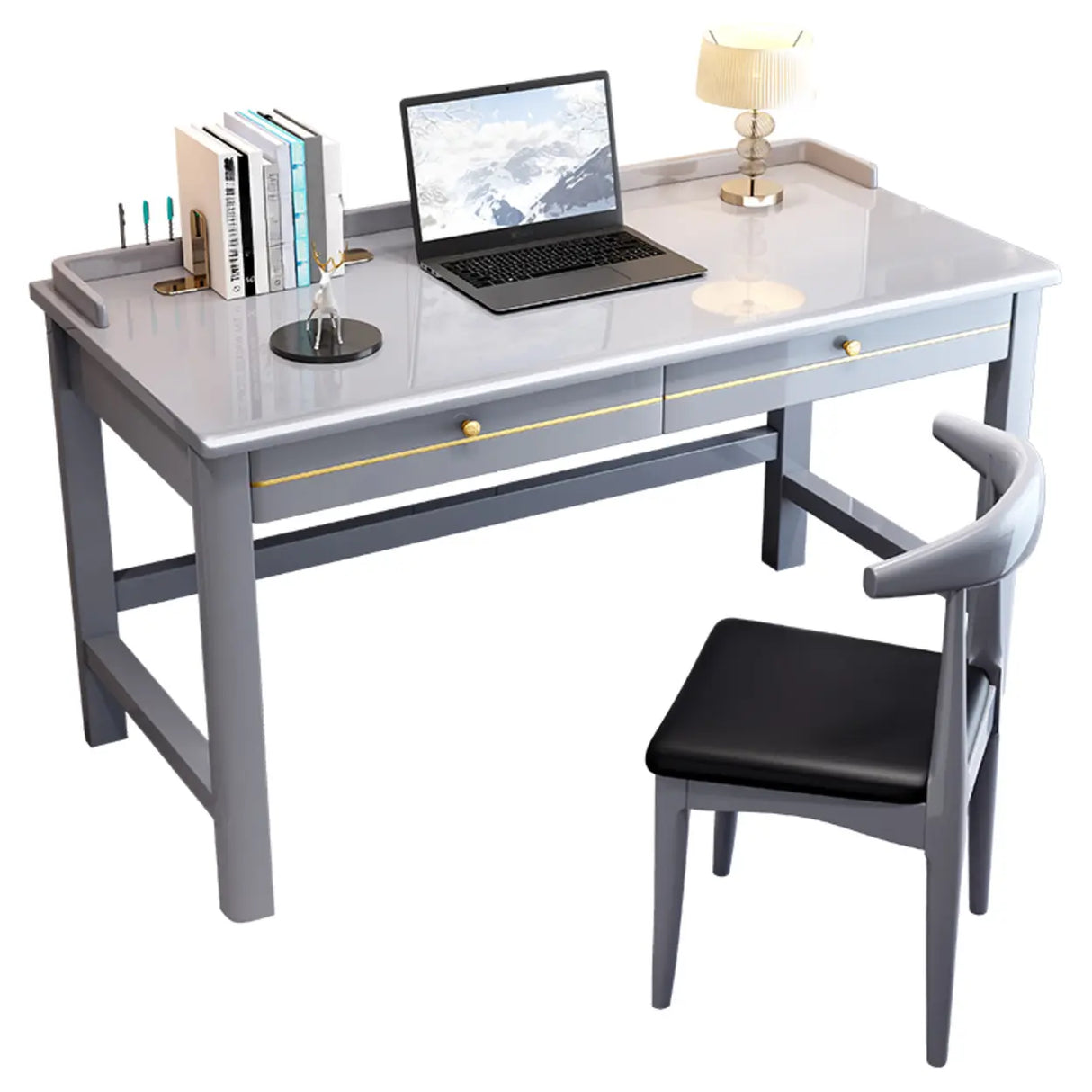 Rectangular Rubberwood Drawers H-Shape Computer Desk Image - 5