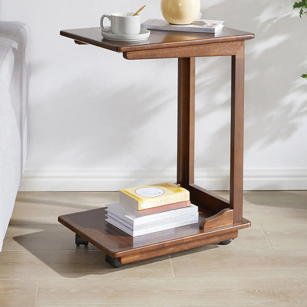 Rectangular Rubberwood Storage Swivel Side Table with Wheels Image - 1