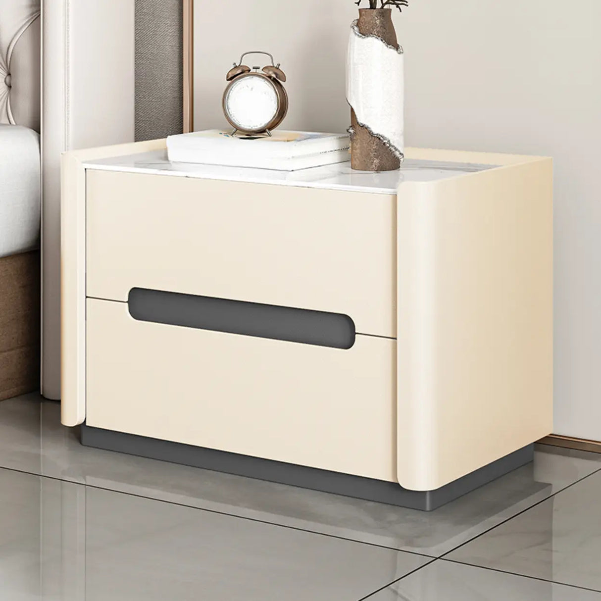 Rectangular Sintered Stone Beige 2-Drawer Nightstand Image - 4