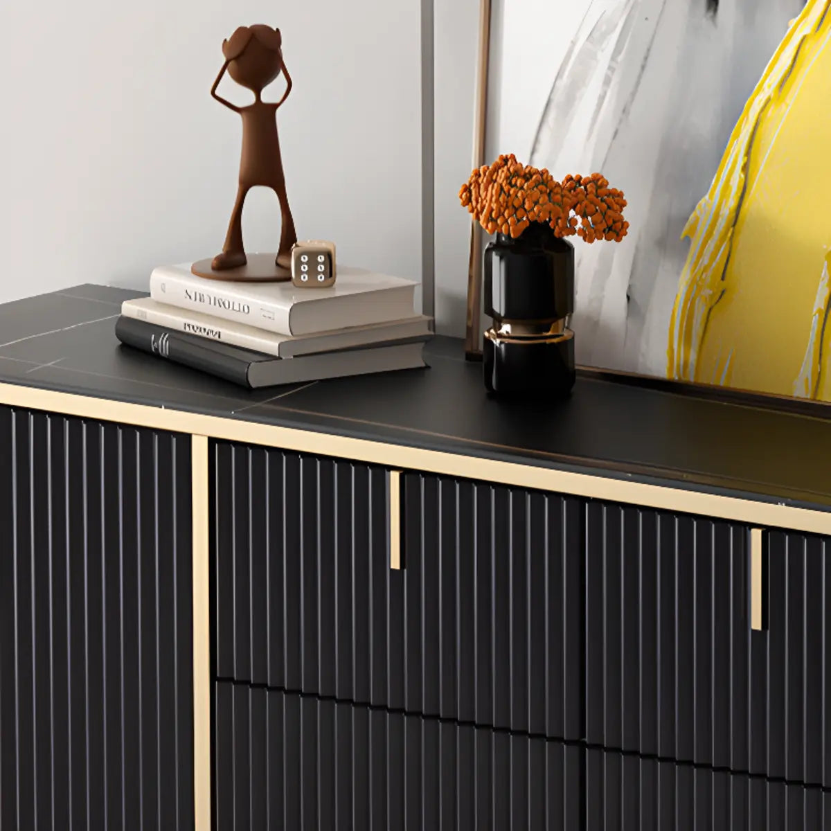 Rectangular Stone Top Black Cabinets Sideboard with Storage Image - 11