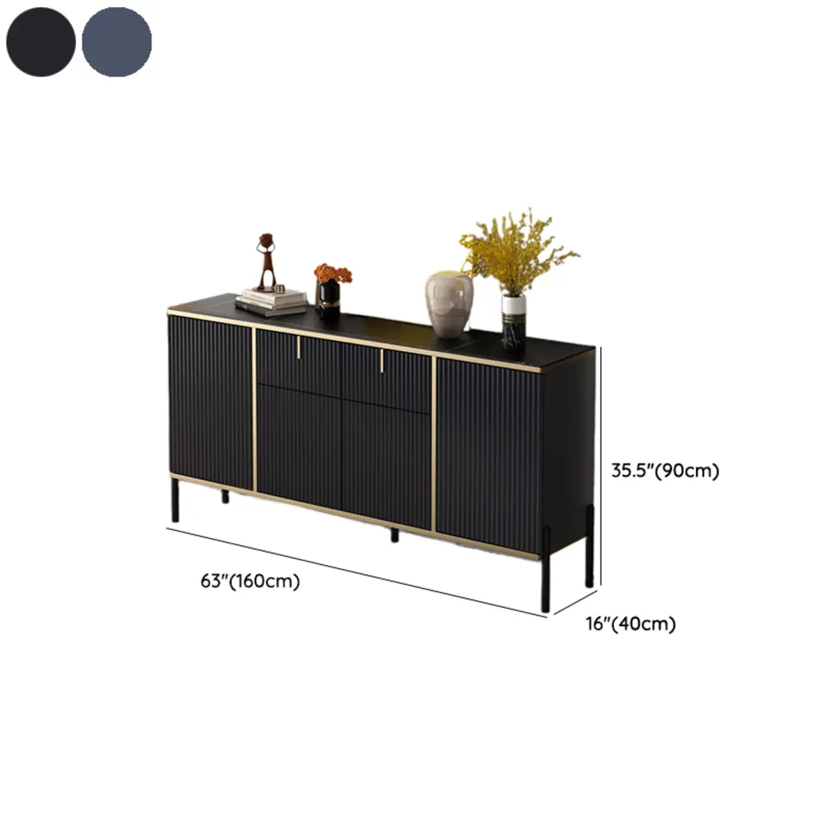 Rectangular Stone Top Black Cabinets Sideboard with Storage Image - 18