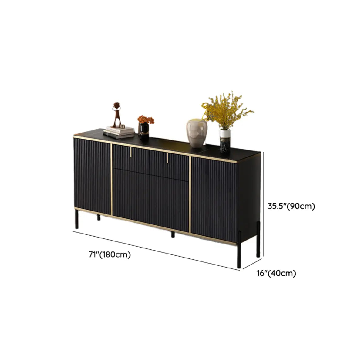Rectangular Stone Top Black Cabinets Sideboard with Storage Image - 19