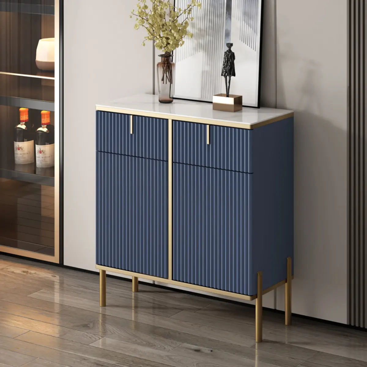 Rectangular Stone Top Black Cabinets Sideboard with Storage Image - 3