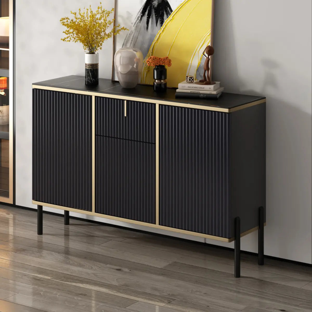 Rectangular Stone Top Black Cabinets Sideboard with Storage Image - 5