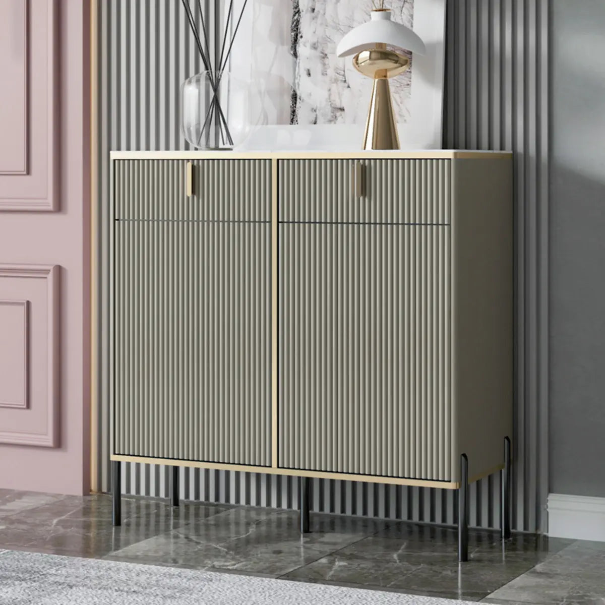 Rectangular Stone Top Black Cabinets Sideboard with Storage Image - 8