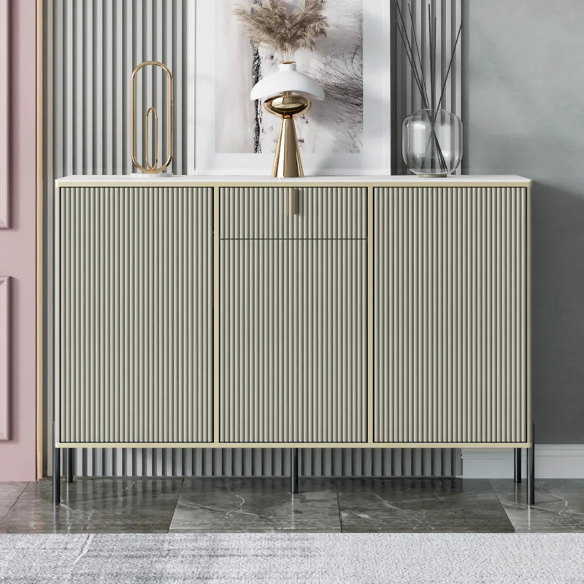 Rectangular Stone Top Black Cabinets Sideboard with Storage Image - 9