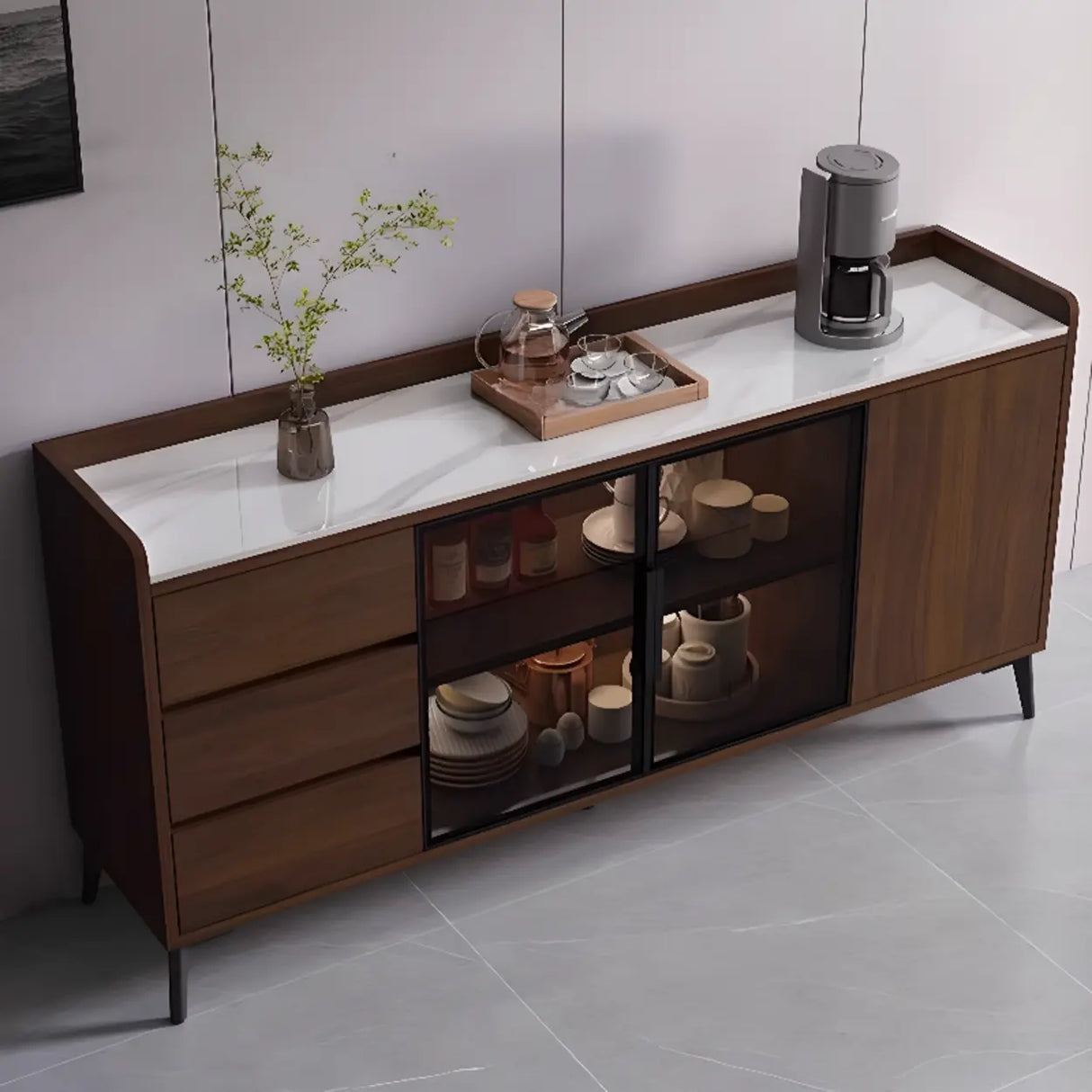 Rectangular Walnut Faux Marble Large Storage Sideboard Image - 1