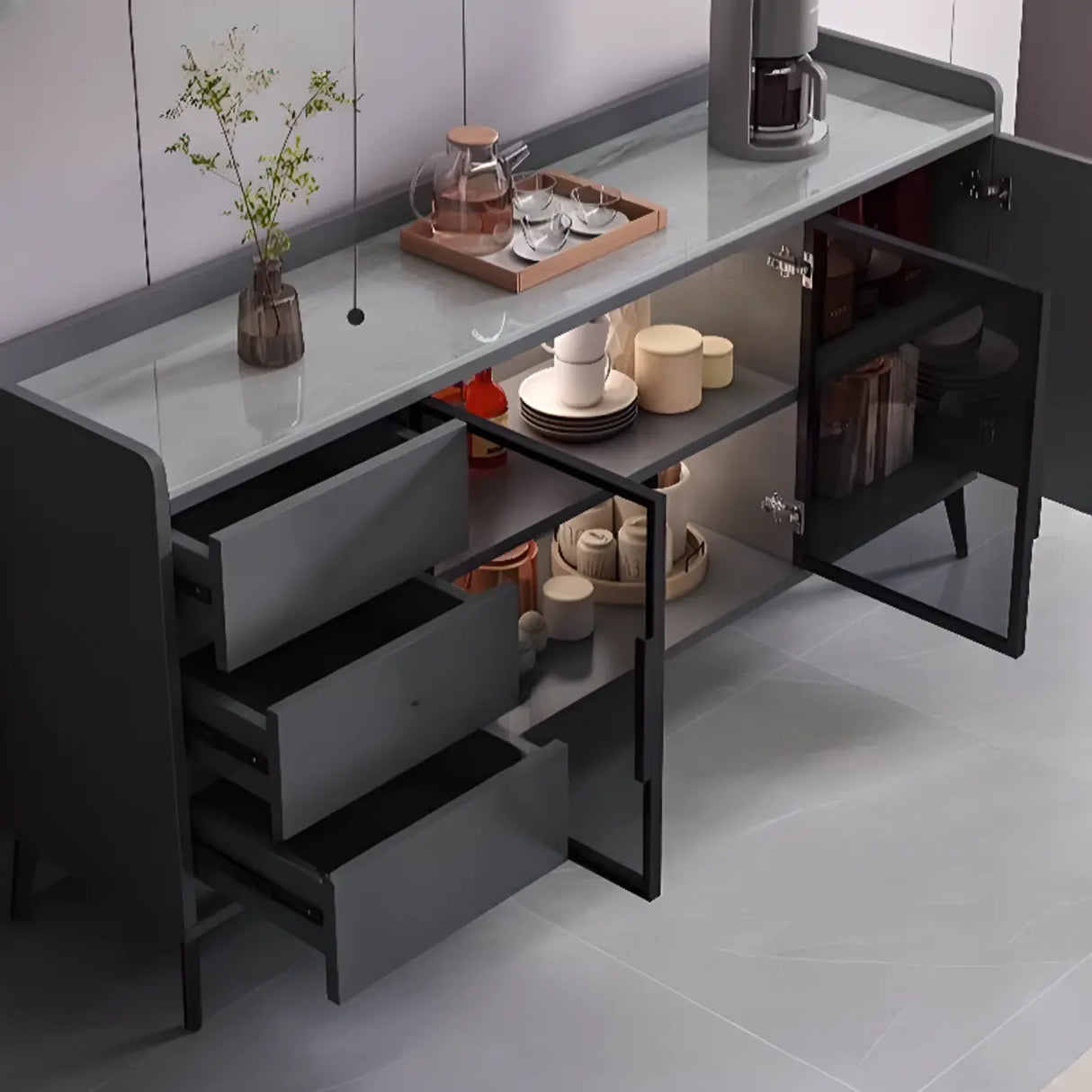 Rectangular Walnut Faux Marble Large Storage Sideboard Image - 10